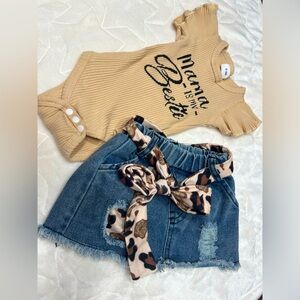 Fun onesie and jeans skirt set EUC 0-3m